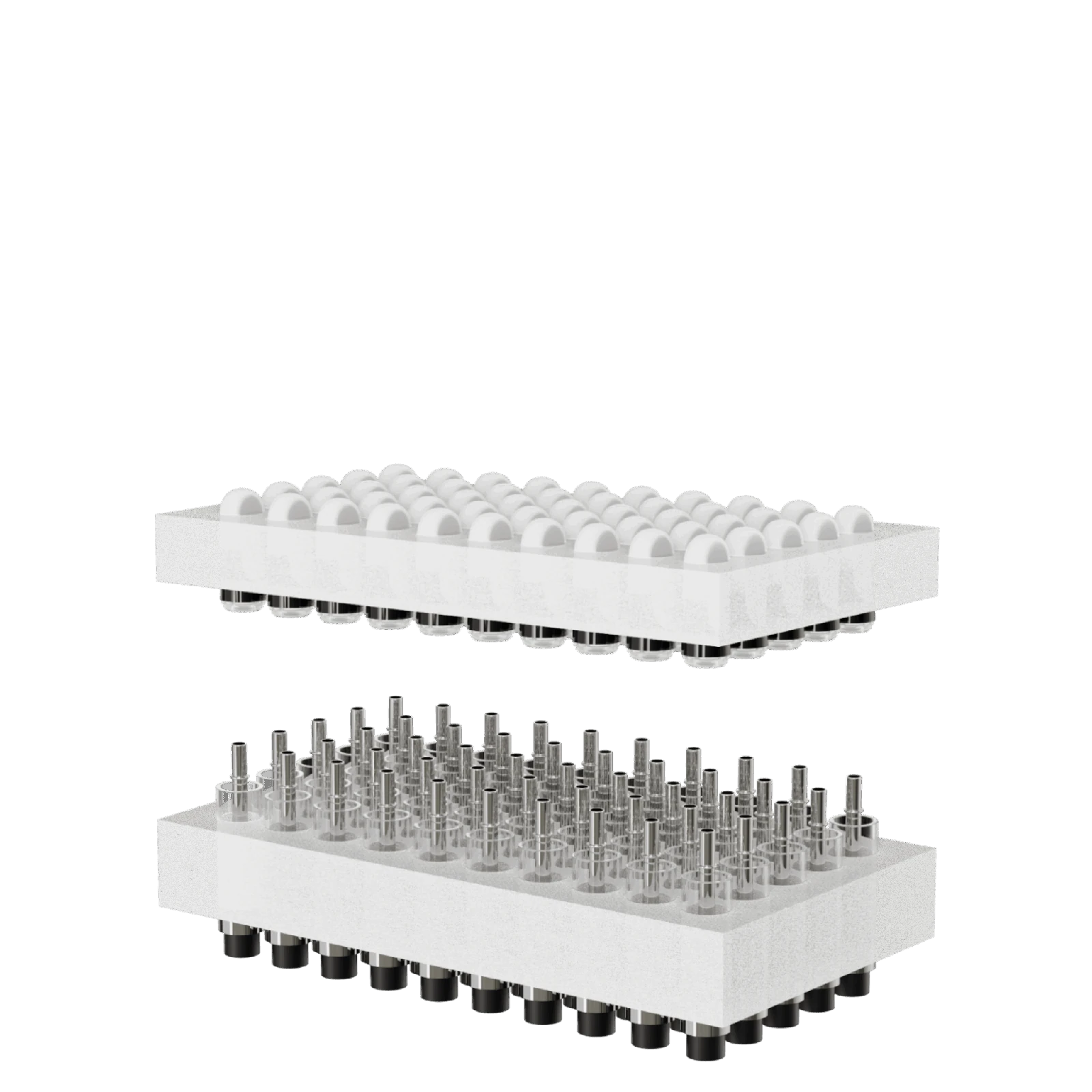 Separate racked cartridge reservoirs and mouthpieces aligned for batch capping